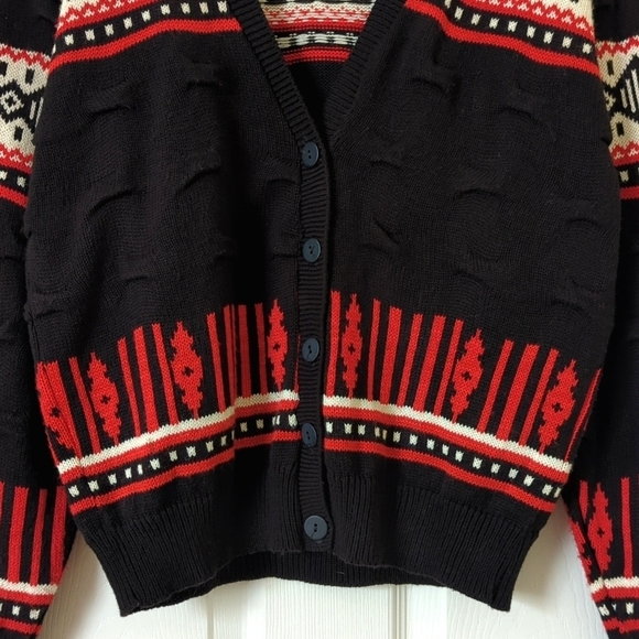 Beldoch Popper 80's Vintage Fair Isle & Pinched Knit Cardigan Sweater Black L - Picture 5 of 9